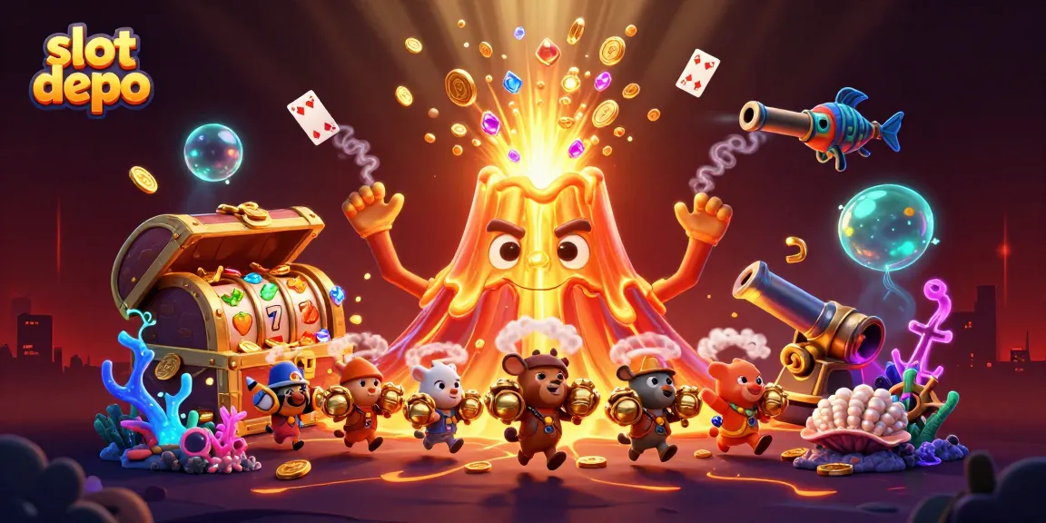 Menang besar dengan slot depo: ilustrasi kasino 3D yang menampilkan letusan gunung berapi dengan koin emas.