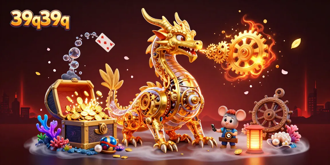 Ganhe com 39q39q: Dragão dourado mecânico em cena de cassino repleta de tesouros.
