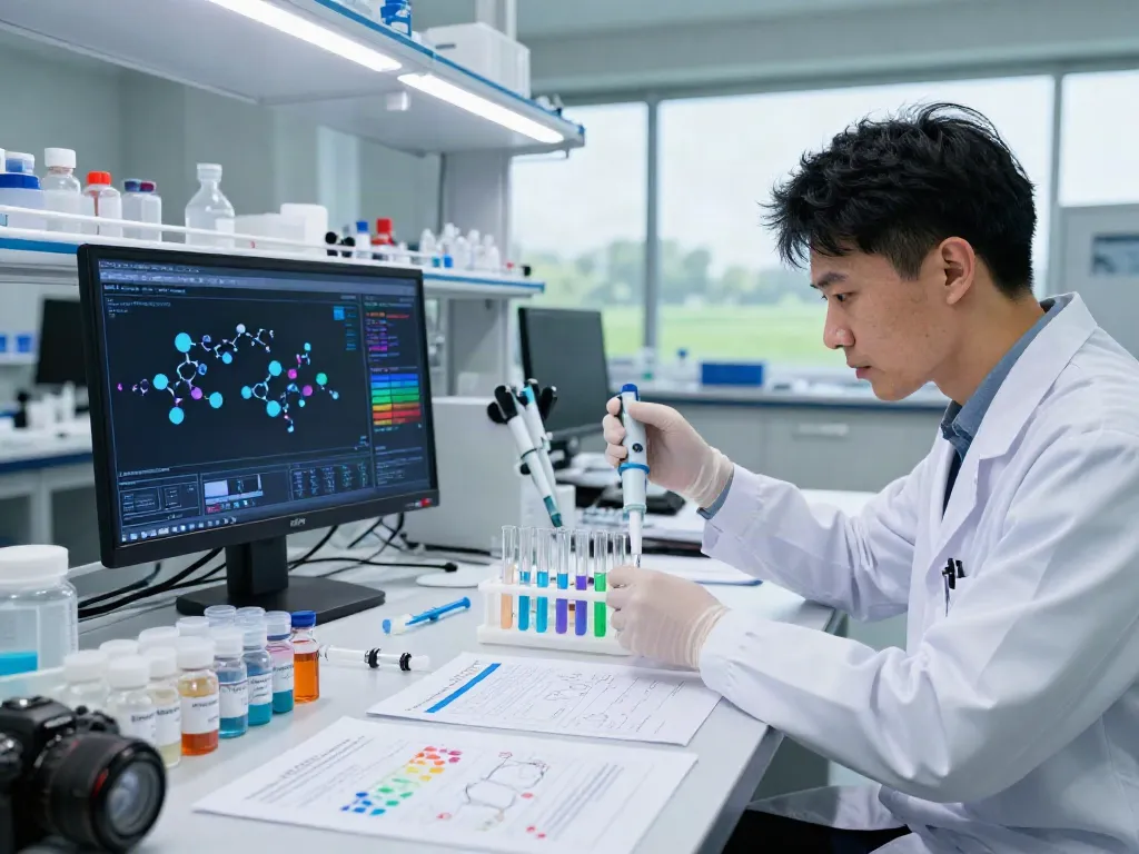 Tesamorelin peptide research in a modern laboratory with a scientist analyzing data.