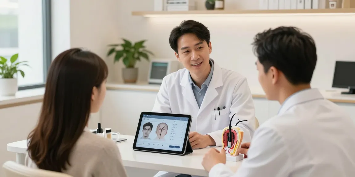 Hair Transplant consultation in a modern clinic with patient and specialist discussing options.