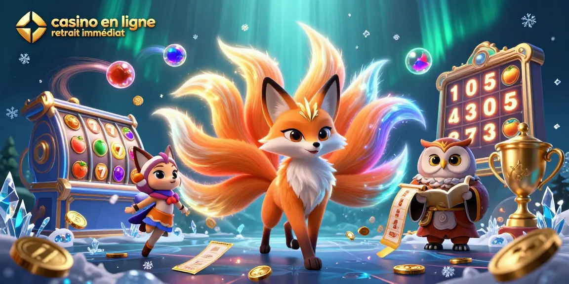 Découvrez le casino en ligne retrait immédiat avec ce visuel dynamique, mettant en avant les jeux de machines à sous et un esprit fox qui brille.