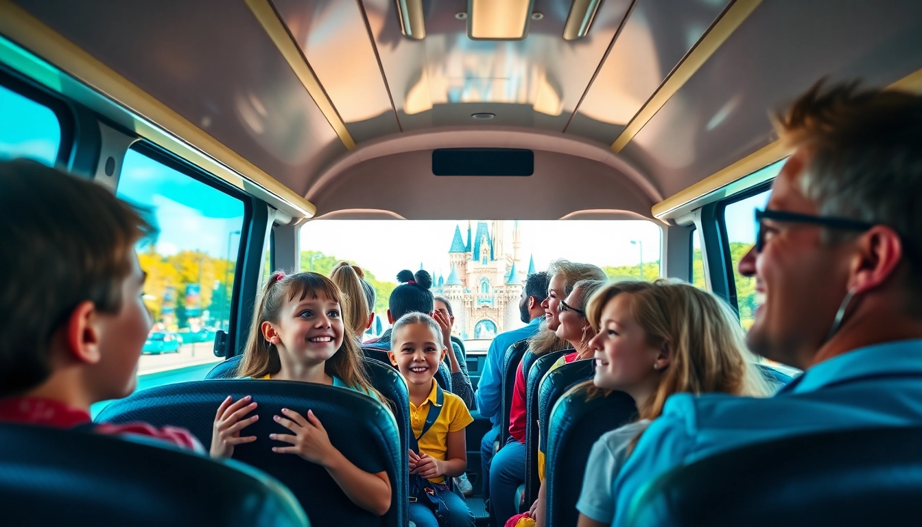 Group of travelers on transfers from paris airport to disneyland in a cozy shuttle bus.