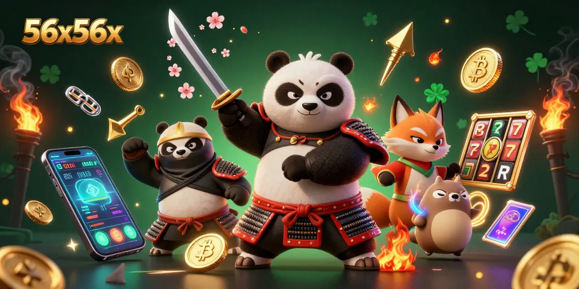 Engage with the 56x56x online casino experience through a vibrant 3D scene filled with gaming elements.