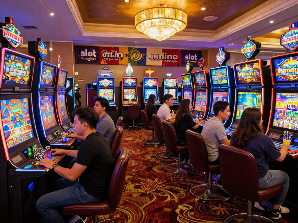 Group enjoying slot games in a lively casino, showcasing slot online terpercaya excitement and vibrant atmosphere.