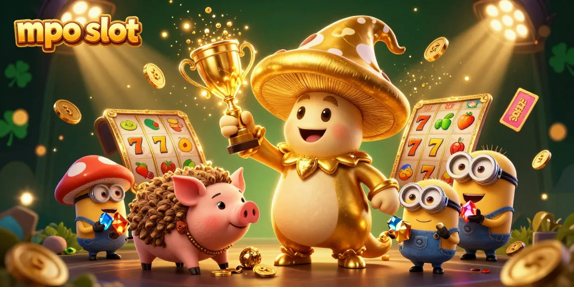 Spin the reels with mpo slot, featuring a golden mushroom wizard, truffle pig, and vibrant casino elements.