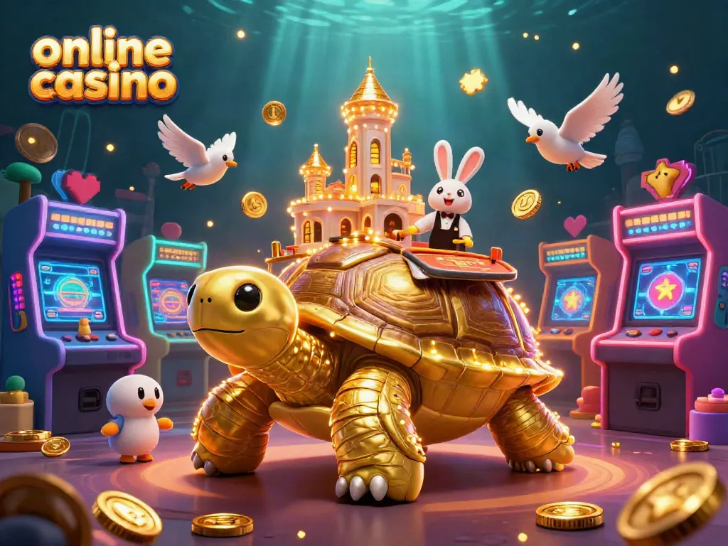 Juega en un emocionante casino online con una tortuga dorada, un crupier de cartas y monedas voladoras.
