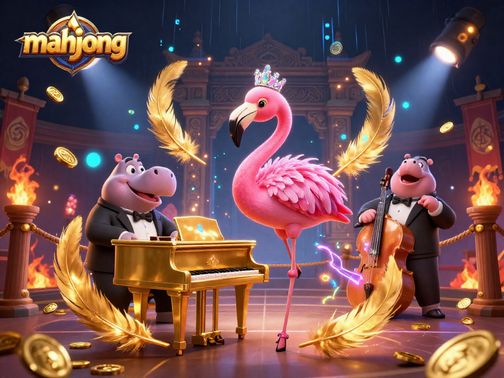 Play mahjong in a vibrant casino scene featuring a flamingo singer and hippo bassist.
