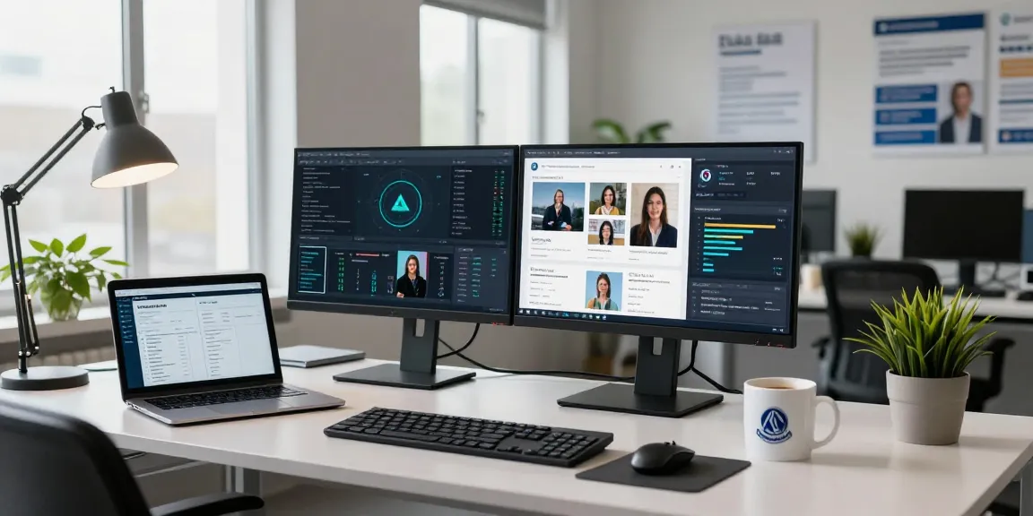 Content analyst using an ai image detector in a modern workspace for image moderation.