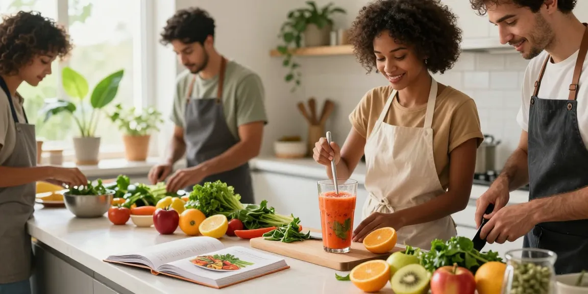 Vegan astaxanthin smoothie preparation in a bright kitchen with fresh ingredients, promoting healthy living.