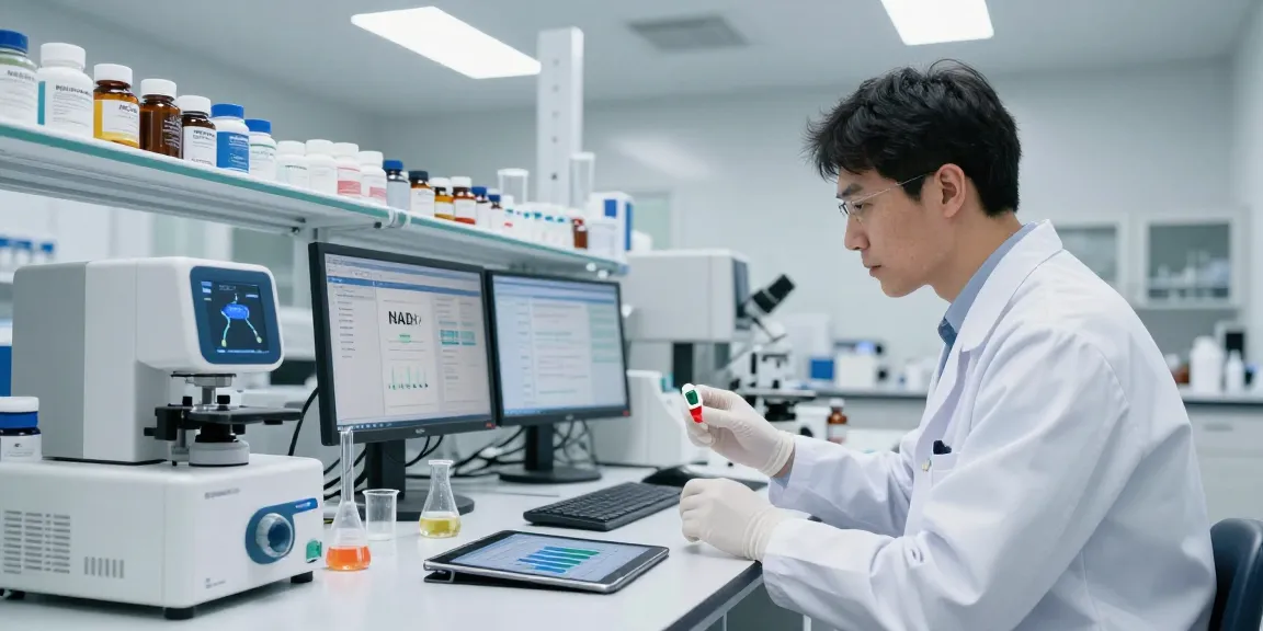 NAD+ benefits showcased in a modern lab scene with a scientist analyzing compounds for health and wellness.