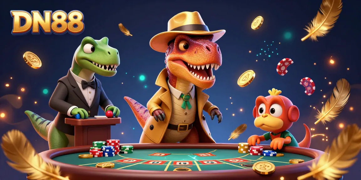 Experience the thrill of DN88's vibrant casino scene with cartoon characters engaging in gambling activities.