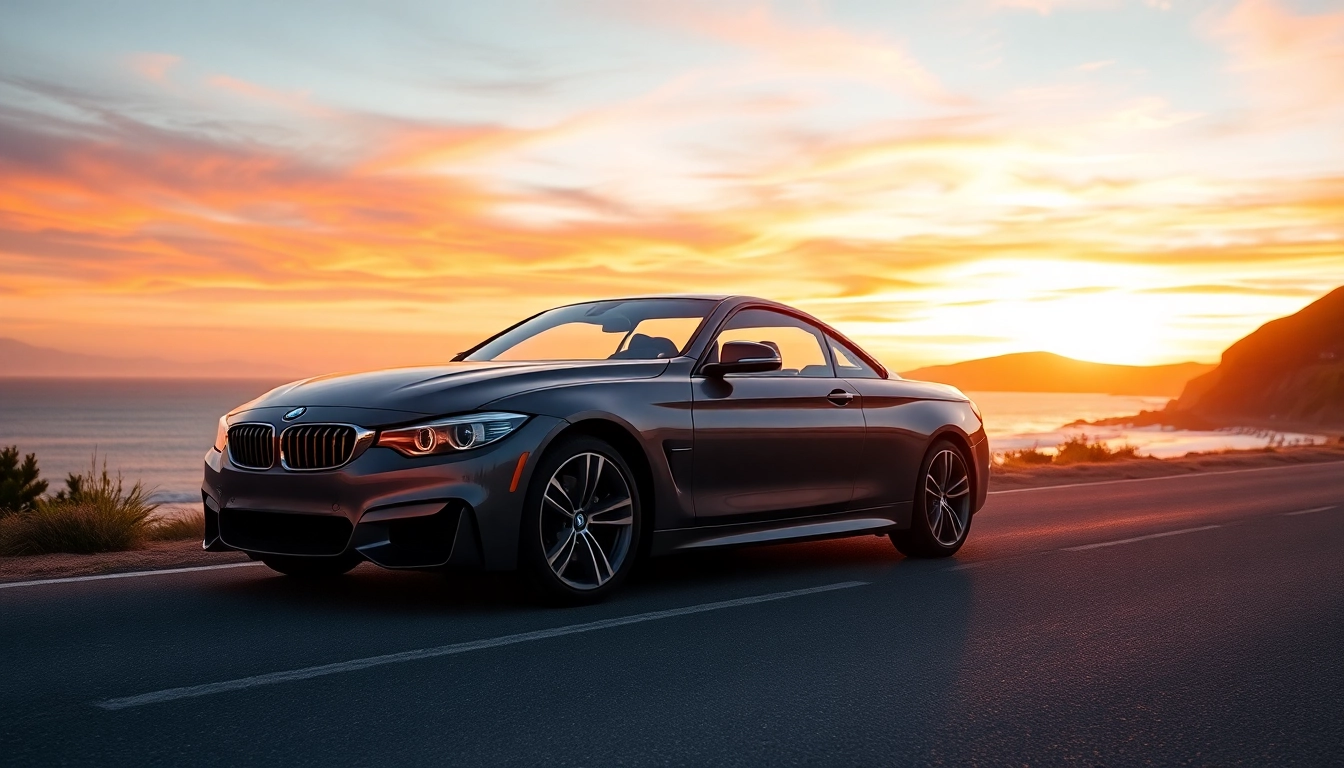 Marvel at a Luxury BMW car against a stunning coastal sunset backdrop.