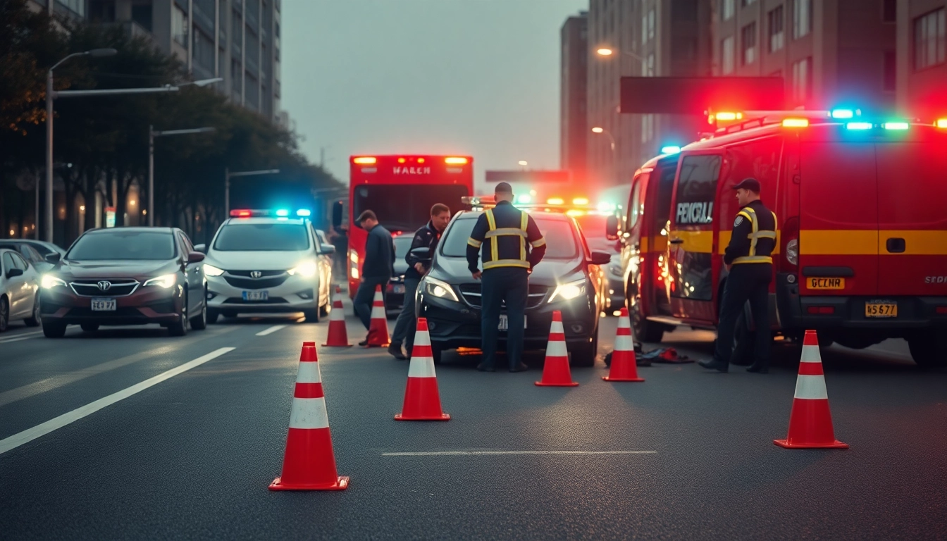 Documenting the aftermath of a road accident with emergency responders and vehicles involved.