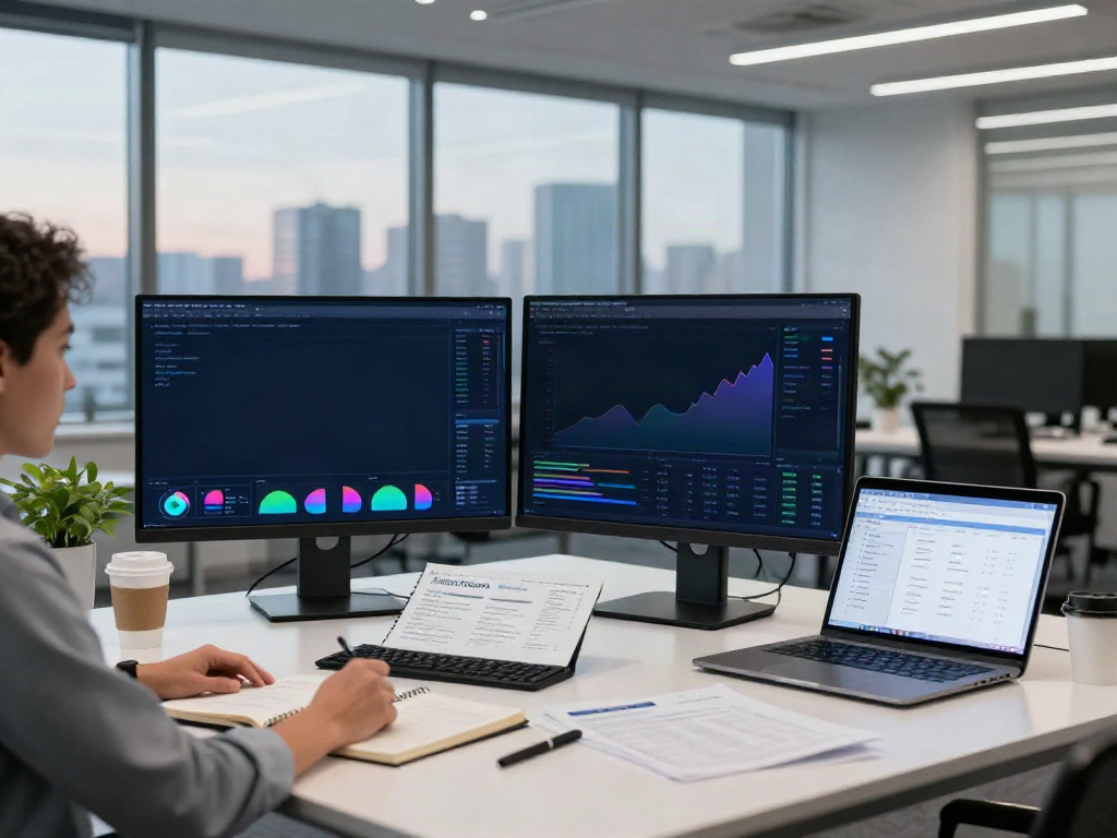 Analyst using FintechZoom.com for financial research in a modern office.
