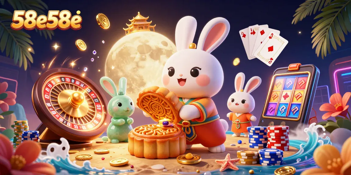 Ilustração 3D do 58e58e mostrando um coelho da lua com fichas de pôquer, moedas e uma paleta vibrante.
