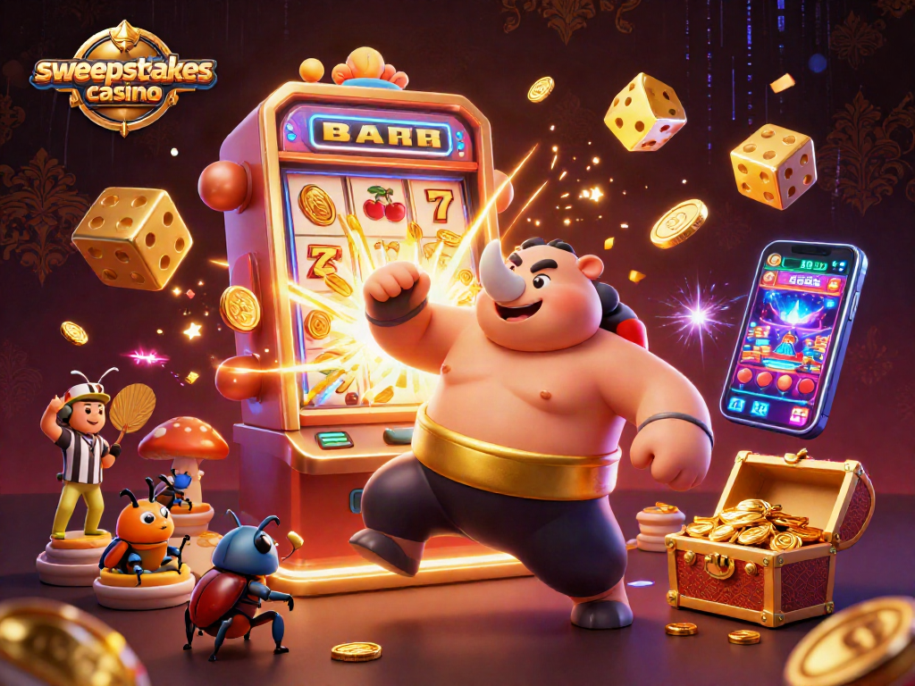 Experience the excitement of the sweepstakes casino with a vibrant 3D scene filled with characters and game elements.