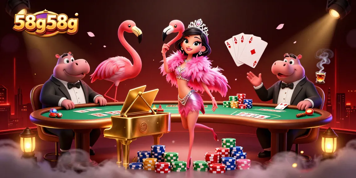 Engage with thrilling games at 58g58g casino, featuring a vibrant scene with a flamingo singer and poker excitement.