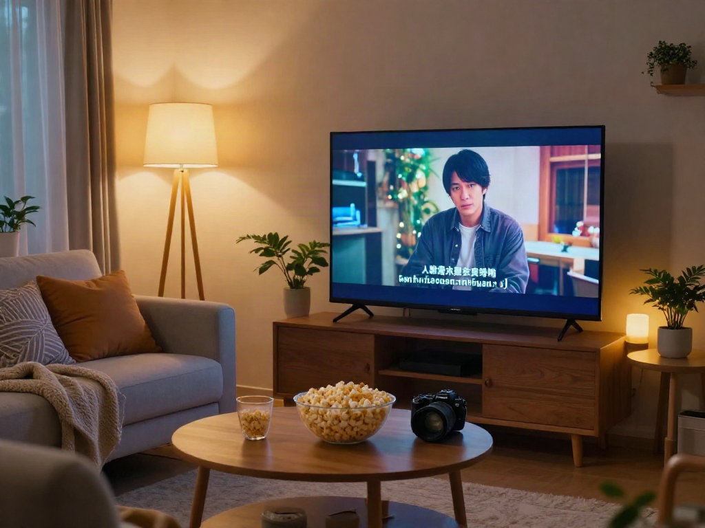 Cozy home theater setup for watching jav subtitle Indonesia films with popcorn and comfortable seating.