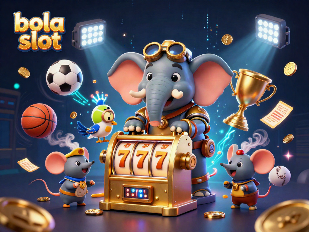 Engage with the bola slot adventure featuring a steampunk elephant and dynamic sports elements.