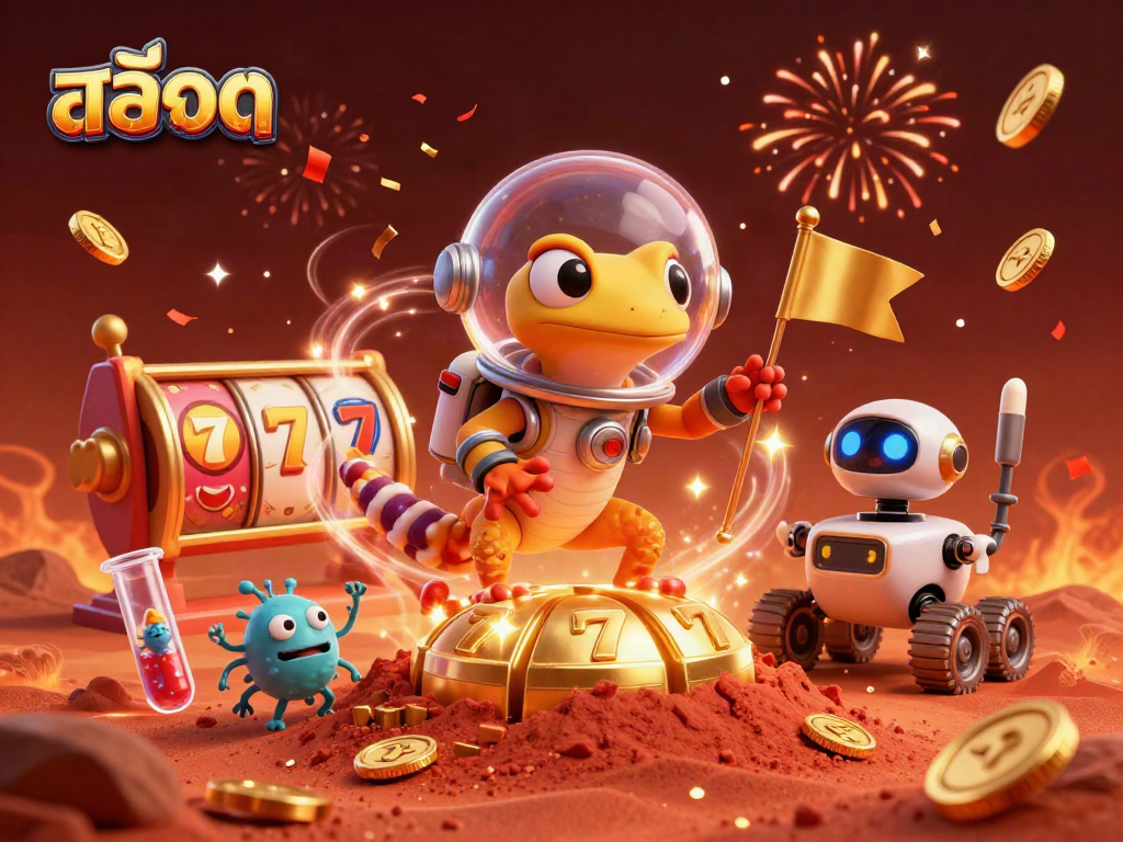 Play สล็อต at a vibrant alien-themed casino with a Martian gecko, celebrating winning moments.