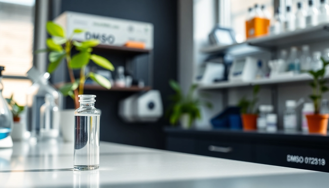 DMSO organic in a clear glass vial on a polished countertop, surrounded by lab equipment.
