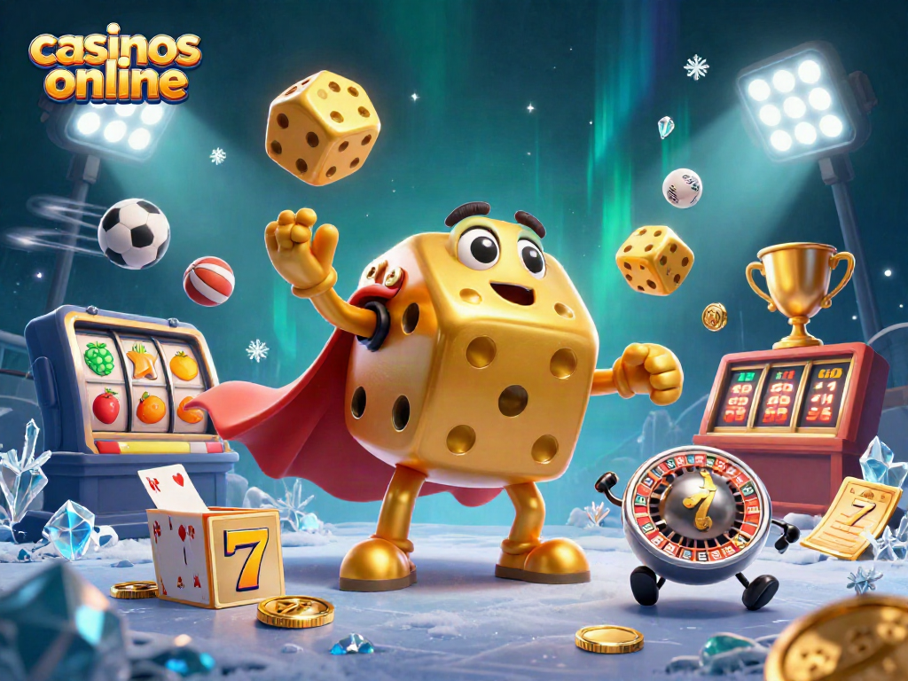 Viva la emoción de los casinos online con dados dorados y símbolos de frutas en una ilustración vibrante.