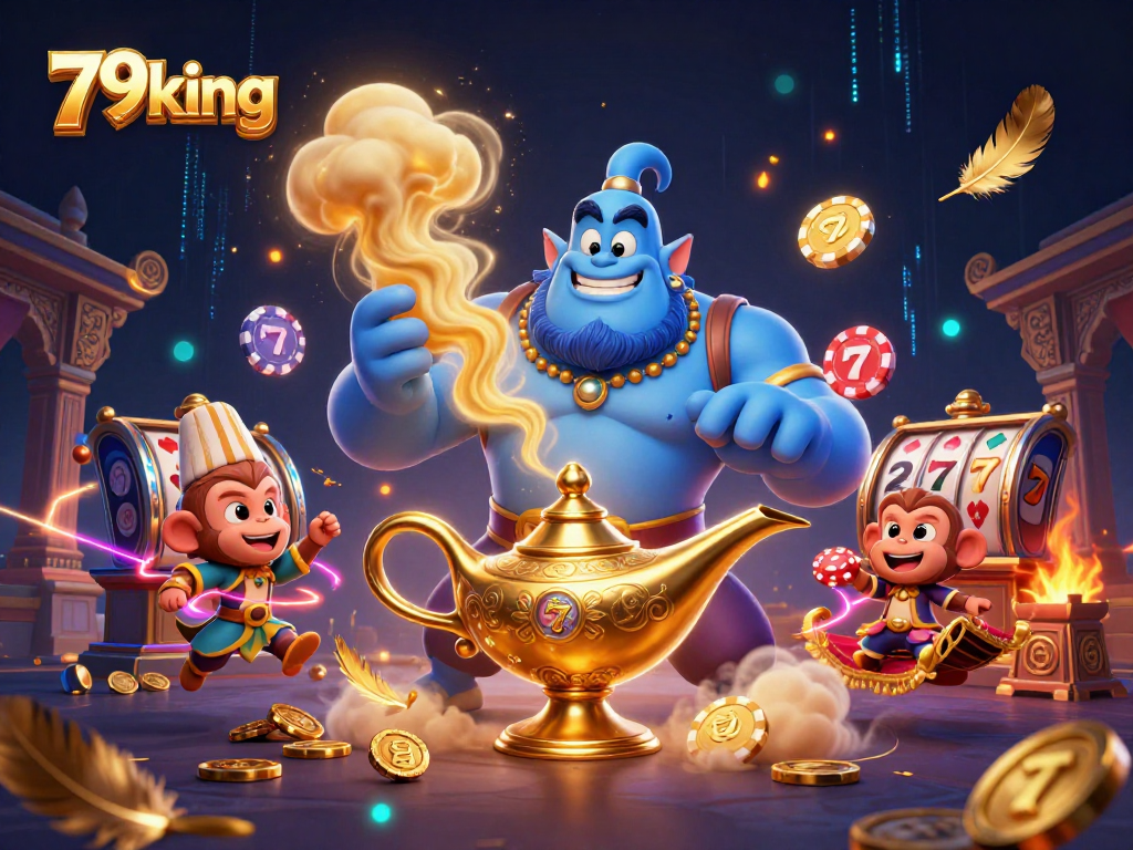 Win big with 79king in a vibrant casino scene featuring a magical genie and poker elements.
