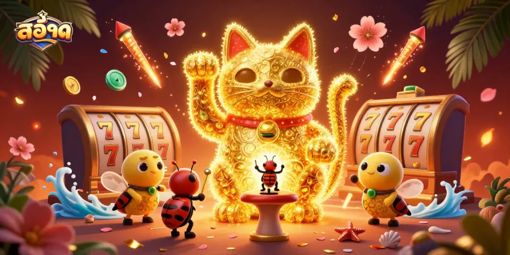 เล่นเกมสล็อต สล็อต ด้วยสัญลักษณ์โชคดีและเงินรางวัลในบรรยากาศคาสิโนที่น่าตื่นเต้น