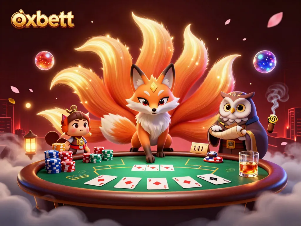 Experience vibrant gaming moments with oxbett's dazzling nine-tailed fox and poker setup.
