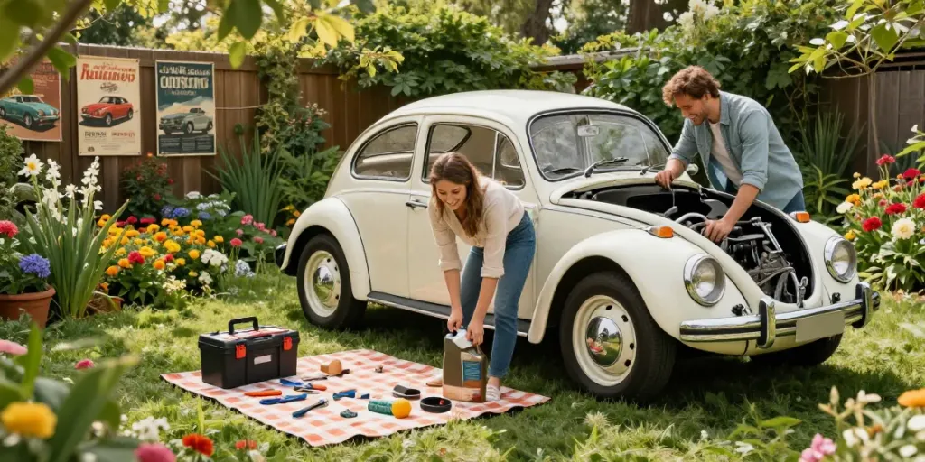 Couple performing maintenance on a classic Volkswagen Beetle in a vibrant garden, highlighting the essence of http://www.aircooledapps.com.