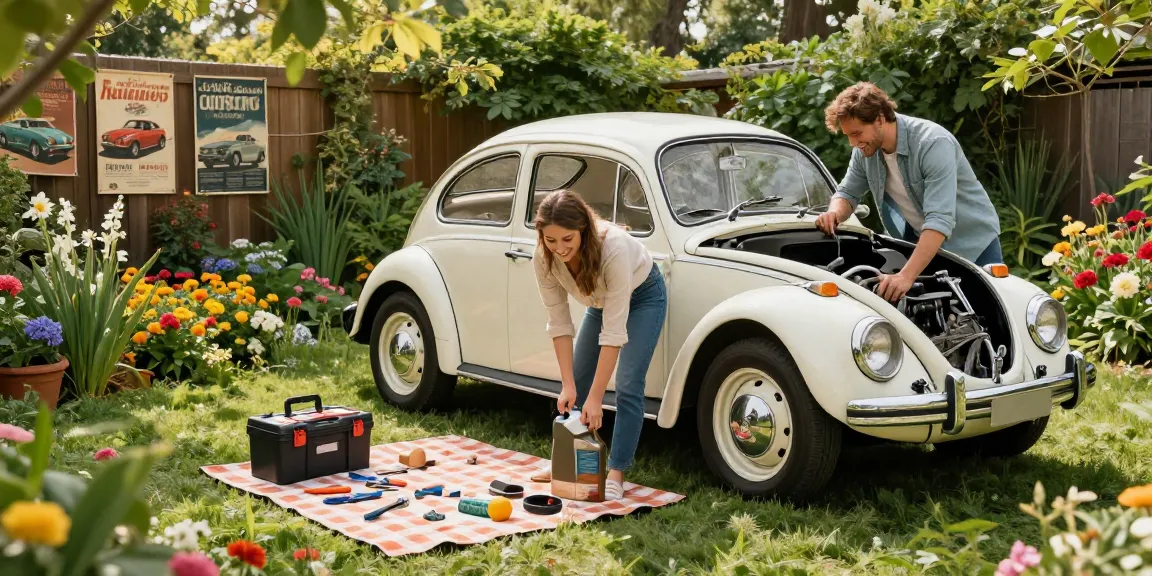 Couple performing maintenance on a classic Volkswagen Beetle in a vibrant garden, highlighting the essence of http://www.aircooledapps.com.