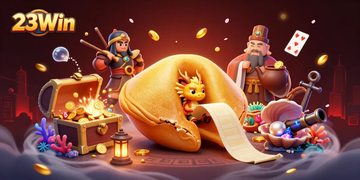 Experience 23Win's vibrant casino adventure with cartoon characters amidst treasure and gold.