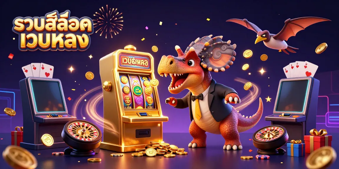 รวมสล็อตเว็บตรง with a pachycephalosaurus winning jackpot coins at a golden slot machine amidst vibrant casino elements.