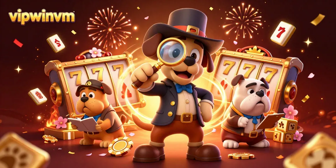 Engage with exciting games like vipwinvm, featuring a detective uncovering treasure clues amidst vibrant casino elements.