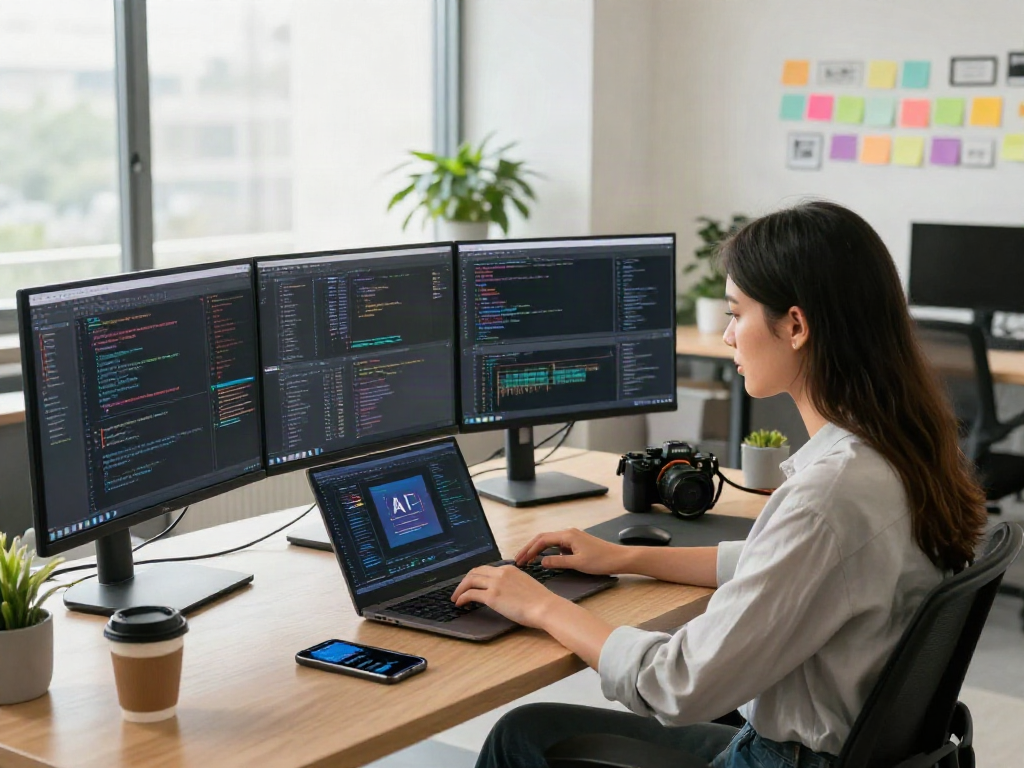 Focused workspace scene showing a developer coding AI applications, capturing the essence of crush on ai in a modern office.