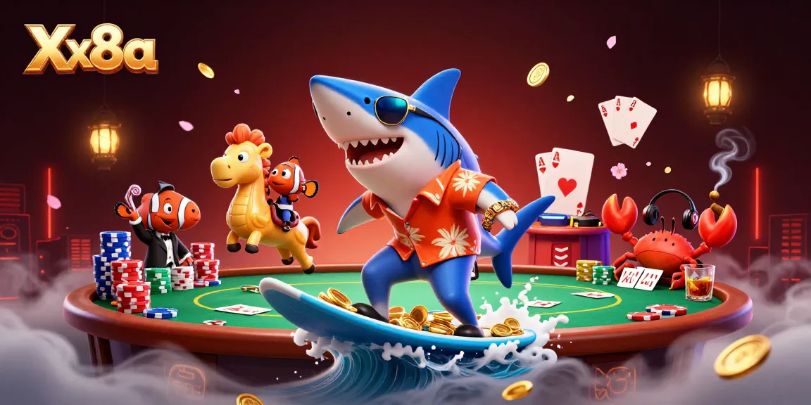 Xx8a offers an exhilarating 3D scene of a shark surfing on gold coins while playful sea creatures capture the spirit of gambling.
