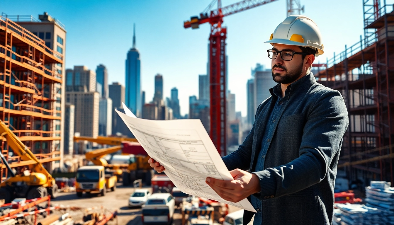 Manhattan Construction Manager analyzing blueprints at a lively construction site.