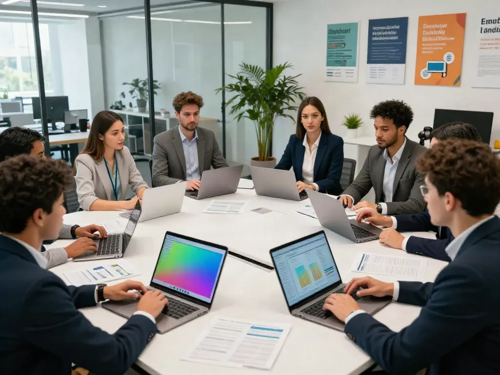 Banorte empresas team collaborating in a modern office setup.
