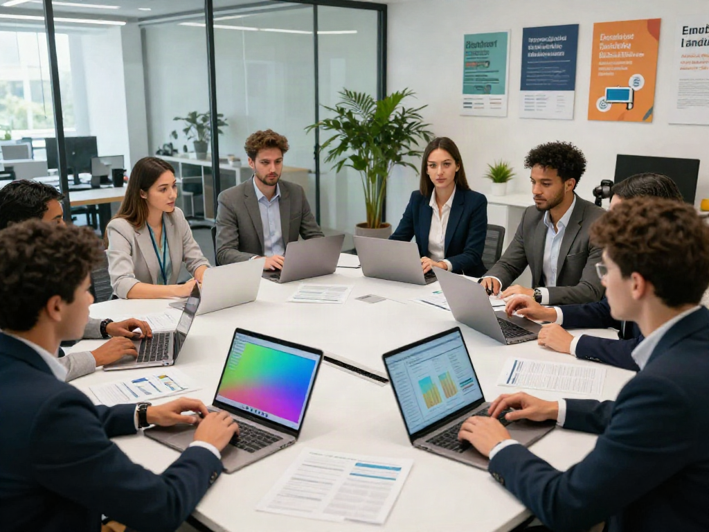 Banorte empresas team collaborating in a modern office setup.