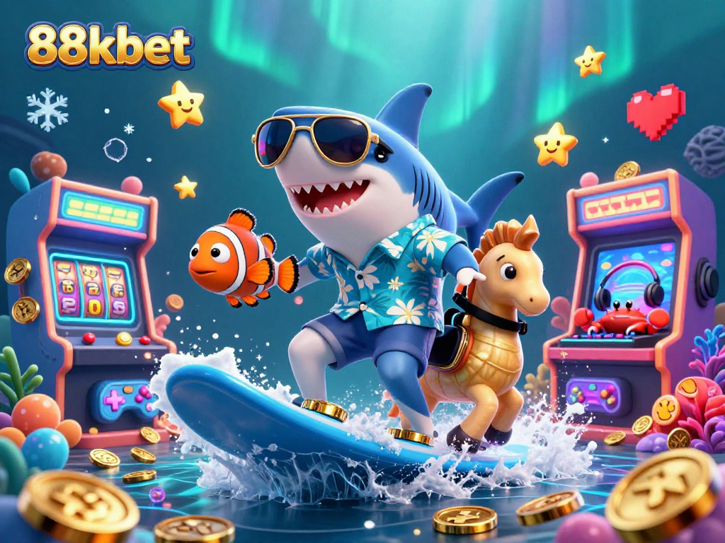 Experience thrilling fun at 88kbet while surfing on waves of gold coins in a vibrant casino scene.