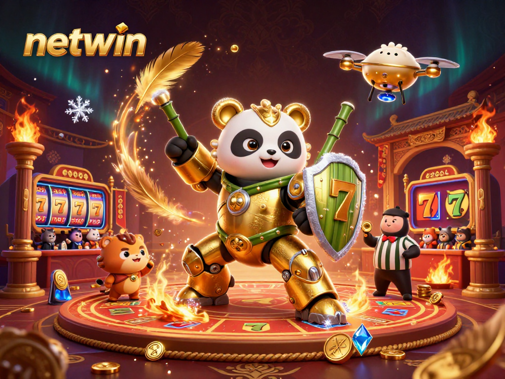 Engage in thrilling gameplay with netwin's vibrant casino arena featuring a golden panda mech-suit.