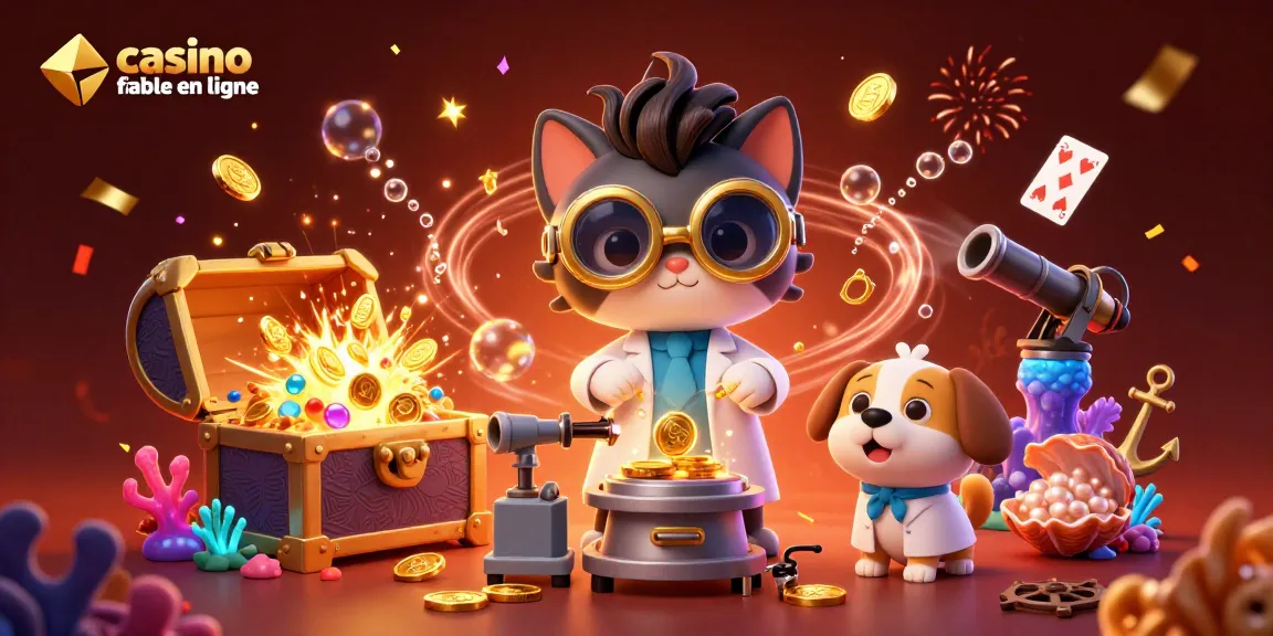 Création du "casino fiable en ligne" avec un chat fou et un chien assistant entourés de trésors et de cartes.