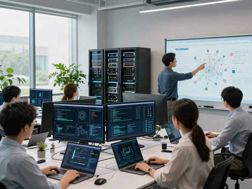 Team collaborating on AI infrastructure analysis with digital displays and advanced technology.