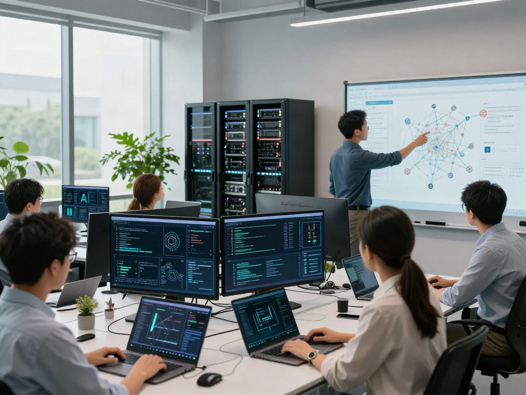 Team collaborating on AI infrastructure analysis with digital displays and advanced technology.