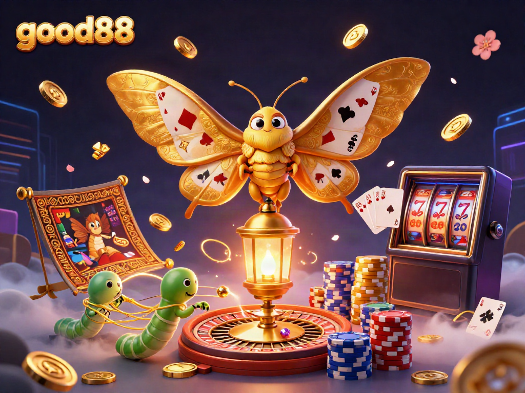 Experience the thrill of good88 as golden moths and casino elements create an enchanting gaming atmosphere