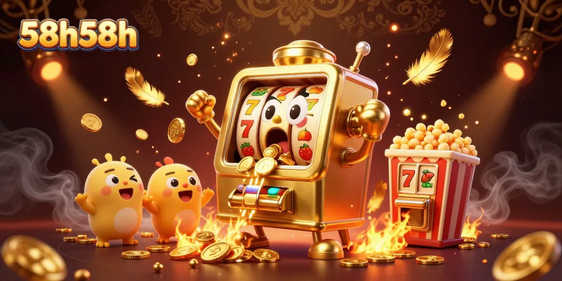 58h58h thrills as a golden slot machine wins big, surrounded by cheerful baby slots and popcorn.