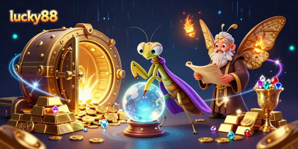 Engage with lucky88's vibrant 3D casino scene filled with riches and mystical characters.