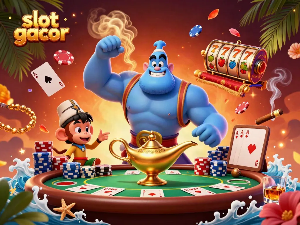 Experience the vibrant energy of slot gacor with a genie and monkey amidst overflowing poker chips.