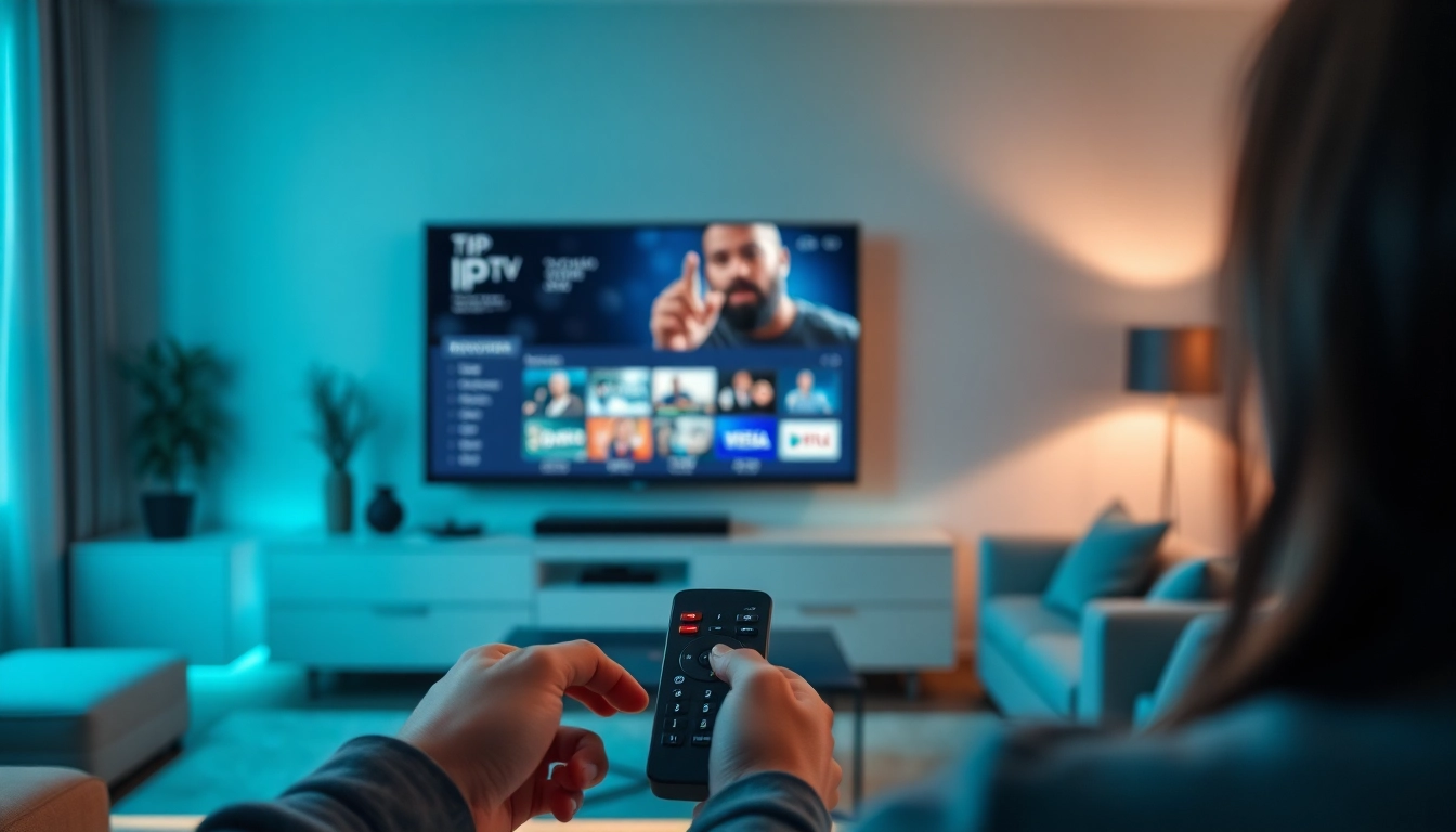 Explore free trial iptv in a modern living room with a user controlling the setup.
