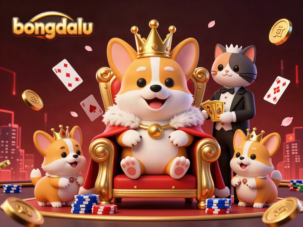 Bongdalu showcases a playful casino scene featuring a royal corgi and cat butler amid vibrant gaming elements.